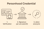 Schéma en trois étapes expliquant le fonctionnement des Personhood Credentials, avec vérification initiale, validation par une autorité et émission d’un jeton anonyme.