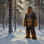 Chewbacca dans un paysage enneigé finlandais, style Pekka Halonen