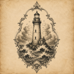 Phare face à une tempête dans un style de tatouage victorien inspiré de Sutherland Macdonald