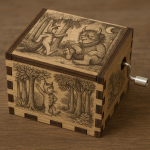 Photographie réaliste d’une boîte à musique illustrée façon Maurice Sendak