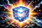 Photo réaliste d'un cube cosmique brillant d'énergie, style Jack Kirby