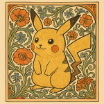 Pikachu réinterprété dans un style Art Nouveau avec motifs floraux, style Maurice Pillard Verneuil