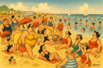 Plage bondée avec vacanciers dessinés en style Dubout
