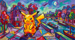 Pikachu dans un paysage urbain coloré, style Charles Lapicque