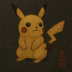 Pikachu représenté avec une esthétique de laque japonaise traditionnelle, style Shibata Zeshin