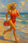 Pamela Anderson courant sur la plage, style Sorolla