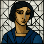 Portrait stylisé avec motifs de vitrail blanc, style Louis Barillet