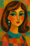 Portrait d'une femme avec des motifs géométriques et des couleurs vives, style Mary Blair