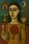 Portrait stylisé d’une femme dans un décor symbolique, style Victor Brauner