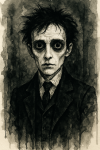 Portrait d’un homme pâle aux yeux immenses et costume noir, dans un univers sombre et poétique inspiré de Tim Burton