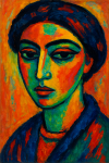 Portrait d'une femme au visage stylisé aux couleurs intenses, style Alexej von Jawlensky