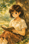 Portrait d'une femme lisant un livre, style Hayao Miyazaki