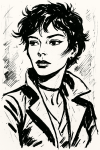 Portrait d'une femme au regard mystérieux dans un style graphique noir et blanc à la Hugo Pratt