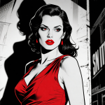 Portrait de femme en noir et blanc avec des lèvres rouges vives, style Sin City