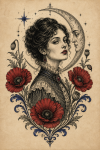 Portrait de femme entouré de fleurs dans un style de tatouage victorien inspiré de Sutherland Macdonald