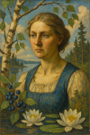 Portrait d'une femme avec des éléments de la nature finlandaise, style Akseli Gallen-Kallela