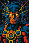 Portrait d'un guerrier cosmique aux yeux brillants, style Jack Kirby