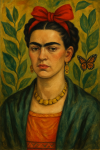 Autoportrait d'une femme aux sourcils unis et fleurs dans les cheveux, style Frida Kahlo