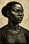 Portrait buste gravé en linogravure d’une femme forte, style Elizabeth Catlett
