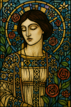 Vitrail géométrique représentant un buste de femme avec des motifs floraux stylisés, style Charles Rennie Mackintosh