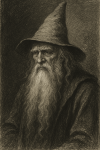 Portrait d'un magicien avec barbe et chapeau, style Gustave Doré
