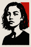 Portrait d'une femme réalisé avec la technique du pochoir, en noir et blanc avec des touches de rouge