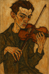 Portrait d'un musicien aux traits anguleux, style Egon Schiele