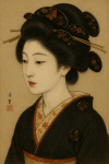 Portrait d'une geisha avec des motifs de laque délicats, style Shibata Zeshin