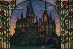 Le château de Poudlard avec des vitraux style Mackintosh, fusionnant l'univers Harry Potter avec le design écossais