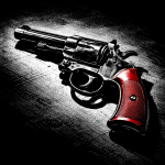Revolver en noir et blanc avec des détails rouges, style Sin City