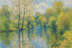 Rivière aux reflets bleus et verts avec des arbres sur la rive, style Alfred Sisley