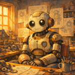 Robot antique dans un atelier en désordre, style Hayao Miyazaki