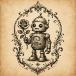 Petit robot spatial traité comme un tatouage victorien inspiré de Sutherland Macdonald