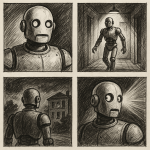 Robot sombre dans un décor graphique Hitchcock
