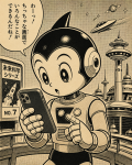 Robot tenant un téléphone moderne, style Osamu Tezuka