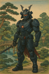 Samourai en armure moderne dans un paysage ukiyo-e, style Utagawa Hiroshige