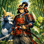 Samouraï japonais avec un Pokémon, style anachronique