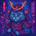 Chat samouraï dans une ville cyberpunk néon, style Louis Wain