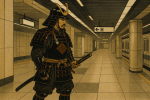 Samurai dans une station de métro moderne avec des détails de laque, style Shibata Zeshin