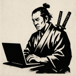 Samurai japonais utilisant un ordinateur portable, réalisé en technique pochoir