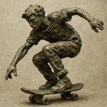 Skateur moderne figé comme une sculpture à la Rodin