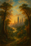 Skyline de New York émergeant d'une forêt primitive, style Thomas Moran