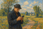 Personne utilisant un smartphone dans un paysage impressionniste du 19ème siècle, style Alfred Sisley