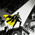 Superhéros en noir et blanc avec une cape jaune éclatante, style Sin City