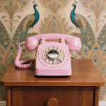 Photographie réaliste d'un téléphone vintage des années 60 sur une table, style Wes Anderson