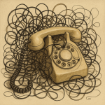 Photo réaliste d'un téléphone vintage avec des cordons entremêlés, style Saül Steinberg