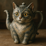 Photo réaliste d’une théière en forme de chat victorien, style Louis Wain