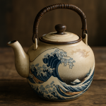 Photo réaliste d'une théière japonaise avec motif de vague, style Katsushika Hokusai