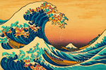 Vague stylisée avec des couleurs vives et contrastées, style Katsushika Hokusai