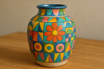 Photo réaliste d'un vase en céramique avec des motifs géométriques colorés, style Mary Blair